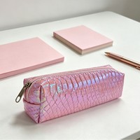 Vente directe d'usine, trousse à crayons en cuir à motif serpentin de style coréen, effet laser, personnalisable, organiseur de papeterie