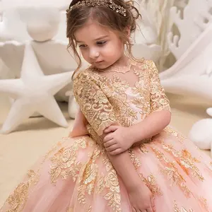 Vestido de fiesta de cumpleaños para niña pequeña, apliques de encaje, vestidos de fiesta de manga larga para niños