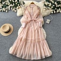 Robe longue élégante pour femme WIWT, rose, coupe trapèze, décontractée, avec perles et dentelle, col montant, manches longues, ceinture, fluide, pour le quotidien