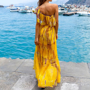 Nouvelle robe décontractée à imprimé plage jaune à volants à une épaule sur mesure confortable en soie Bardot maxi robe - Product Image 4