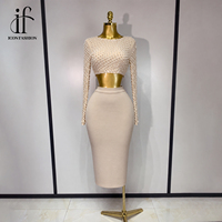 Ensemble jupe deux pièces de luxe pour femme avec perles, haut court en maille à manches longues et jupe midi moulante, tenue de soirée OEM