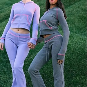 <strong>Custom</strong> Women's Waffle Knit Cotton Body by Raven Tracy Zipper Hoodie Jacket and Wide Leg Flared Pants Tracksuit Sets - Product Image 4