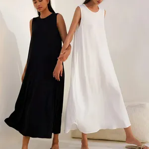 Enyami Minimalist Cozy Fit Women Solid Color Pyjamas Pour Femmes Sleepwear Rayon Women Sleeveless Maxi Dresses