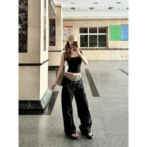 2025 primavera otoño mujer cintura alta Delgado recto pantalones de pierna ancha americano Retro estampado de leopardo Patchwork Jeans arco Y2K Casual - Product Image 4