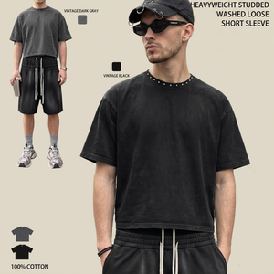 TKAN6858 Men's Heavyweight Studded Neck Washed 100% Cotton O-Neck Solid Color Vintage Black Loose Fit Short Sleeve T-Shirt - Product Image 1