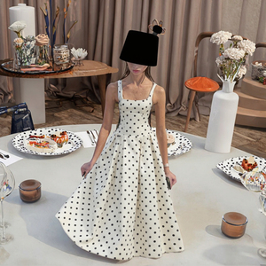 Robe longue plissée dos nu à col carré vintage pour femme, style français à pois, taille haute, respirante et modeste, avec fermetures éclair, collection 2025 - Product Image 3