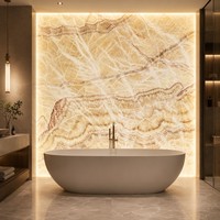 Dalle d'onyx blanc et bois poli haute brillance rétroéclairée pour meuble-lavabo de salle de bain moderne et décoration murale