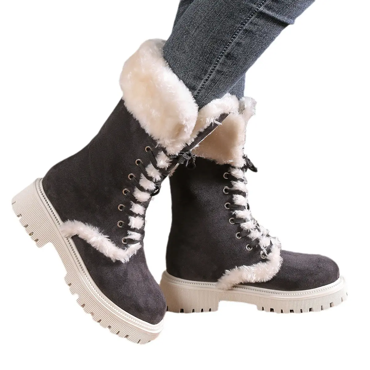 Toptan OEM sıcak kalın süet bayanlar kış yarım çizmeler klasik Faux kürk astar kar çizmeler kadın ayakkabıları