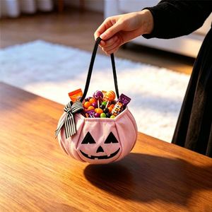 Heysey Children Halloween Trick Treat <b>Velvet</b> Plush <b>Pumpkin</b> Bag Bowknot Screen Printed Candy Bucket Wedding Favors Gift Storage - Product Image 5