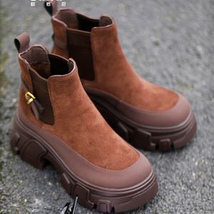 Bottes Chelsea d'hiver rétro pour femmes en cuir véritable talons épais doux confortable anti-glissant à la mode hauteur augmentant - Product Image 6