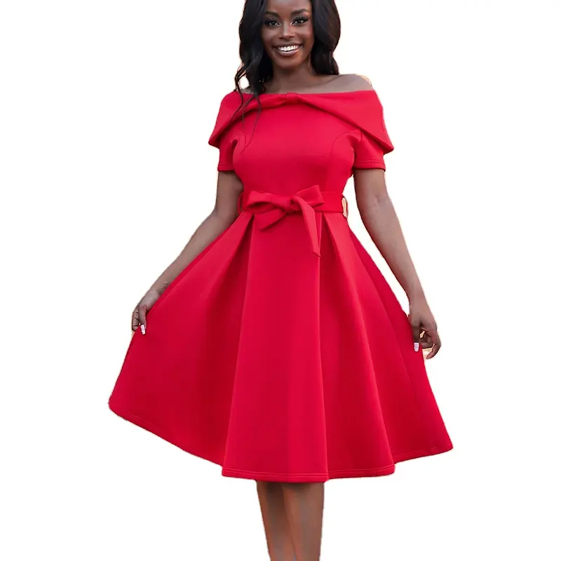 2023 Elegant Bow Off Shoulder Christmas Party Dress Fashion Vintage Temperament Short Sleeve Retro Red Evening Prom Midi Dresses