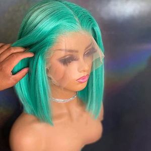 Peluca de Cabello Humano Virgen Remy con Frente de Encaje, Color Azul Cielo Aqua, Estilo Bob, 13x4, Transparente HD, para Mujeres, Cabello Liso Sedoso - Product Image 6