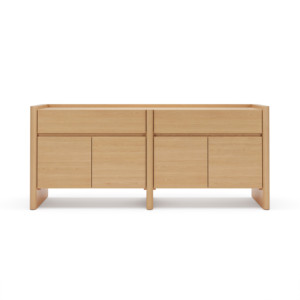 Buffet moderne Japandi en chêne <span class=keywords><strong>naturel</strong></span> avec <span class=keywords><strong>panneaux</strong></span> latéraux arrondis, armoire minimaliste à 4 portes, meuble de salle à manger, armoire de cuisine, table - Product Image 5