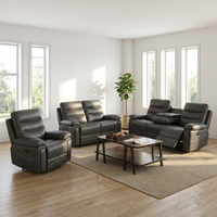 Ensemble de canapés sportifs réglables manuellement Frank Luxury, surpiqûres contrastées, cuir brun foncé, mobilier de salon 3 pièces