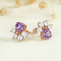 Nouveauté YBO Boucles d'oreilles élégantes pour femmes en forme de patte d'ours, mignonnes, en argent sterling 925 plaqué or, avec améthyste naturelle en forme de cœur, pour mariage