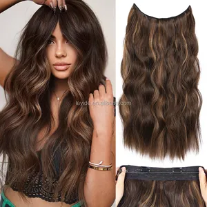 Extensions de Cheveux Synthétiques de 20 Pouces avec Fil de Poisson Transparent Réglable Long Ondulé Double Dessiné Clip dans les Postiches pour Femmes