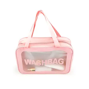 Logo Customize Travel Transparent Pink PU Zip Skincare Cosmetic Bag Pouch Clear Makeup Bag