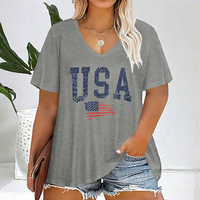 Kaos Wanita V-Neck Lengan Pendek Motif Bendera Amerika Serikat Kasual Musim Panas Bahan Polyester/Katun Cepat Kering & Bernapas