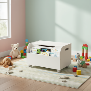 Caja de Juguetes de Madera Blanca con 4 Ruedas Universales, Tapa Abatible con Bisagras de Seguridad, Almacenamiento para Cuarto de Juegos Infantil - Product Image 2