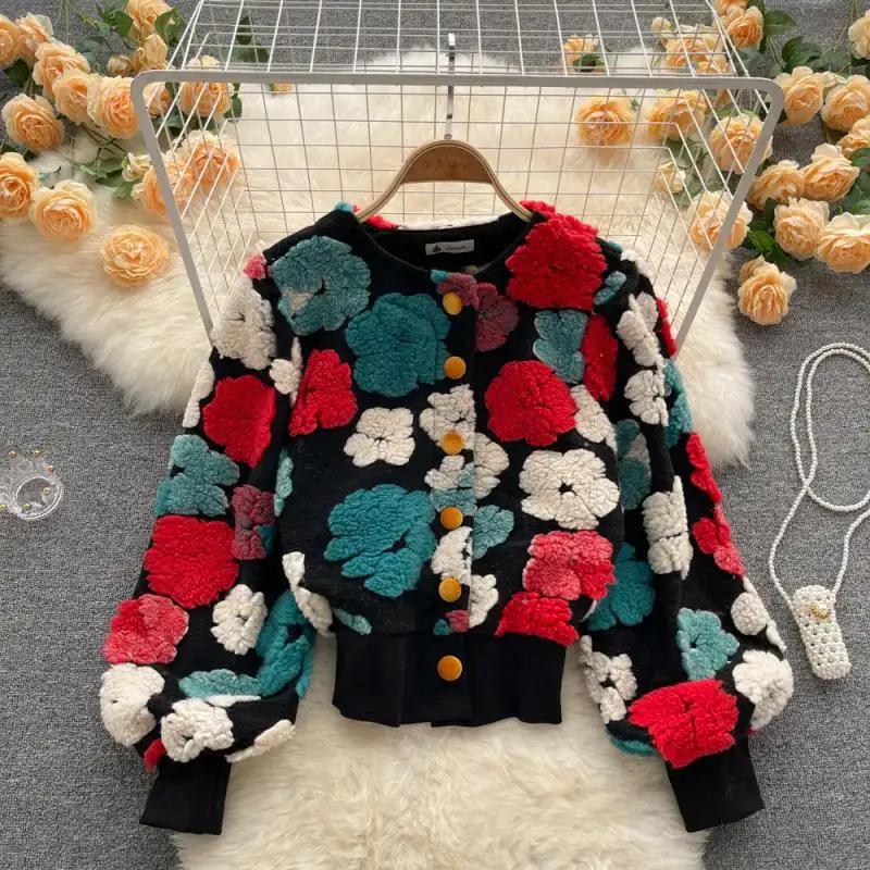 Ready to ship winter autumn free size flower knitted sweater long sleeve cute women's coats