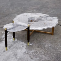 Table basse en résine transparente d'inspiration naturelle avec feuilles tombées et texture de cerne de bois intégrées, et pieds dorés