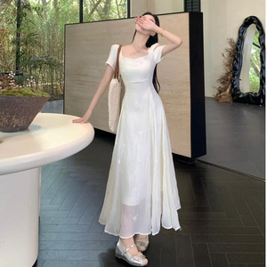 French Square Collar Long Dress Natural Waist Translucent Splicing Irregular Club Wear - Product Image 2