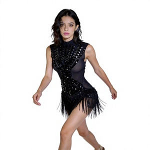 Body Nero Techno Noir con Frange in Spandex/Poliestere per Donna, Ideale per Performance sul Palco, Cantanti e Showgirl - Product Image 1