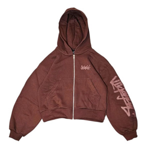 เสื้อไหมพรมถักแบบสั่งทำพิเศษ หนานุ่ม สไตล์วินเทจ ซิปหน้า ล้างสีแบบแอซิดวอช ผ้าฝ้าย 100% ทรงโอเวอร์ไซส์สำหรับผู้หญิง กระเป๋าแต่งแบบดิสเทรส ทรงบ็อกซี่ ตัดสั้นด้านหน้า ODM - Product Image 1