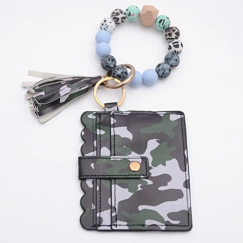 2022 Hot Sale 39 colors Leopard Keychain Wallet With Wristlet Bangle Bracelet Silicone Beads Bracelet Wristlet Wallet Keychain