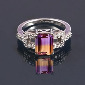 Anillo de Plata de Ley con Cuarzo Doble de Ametrina de Alta Calidad para Mujer, Corte Esmeralda, Bicolor, Estilo Náutico, Anillo de Gema Vintage - Product Image 3