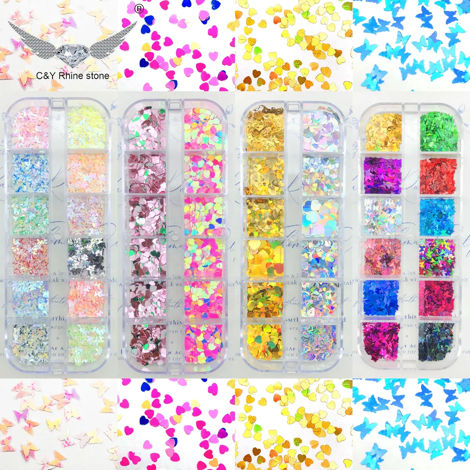C&Y 12 Grids Box Butterfly Heart Glitter Mermaid Scale Halloween Nail Art Stickers Decals Nails