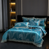 Nouvel ensemble de literie de luxe en coton jacquard bleu, style européen et américain, avec housse de couette et draps à franges, 4 pièces, taille King, pour la maison et l'hôtel