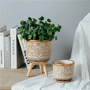 Chinese Leveranciers Huis Tuin Decoratieve Indoor Outdoor Goud Lijn Plantenbakken Potten Cement Bloempot Voor Planten