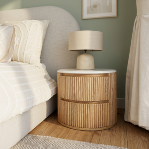 <b>Oak</b> Modern Fluted Round Nightstand Solid Wood <b>Bedside</b> <b>Table</b> Two Drawer End <b>Table</b> Bedroom Furniture for Hotel - Product Image 2