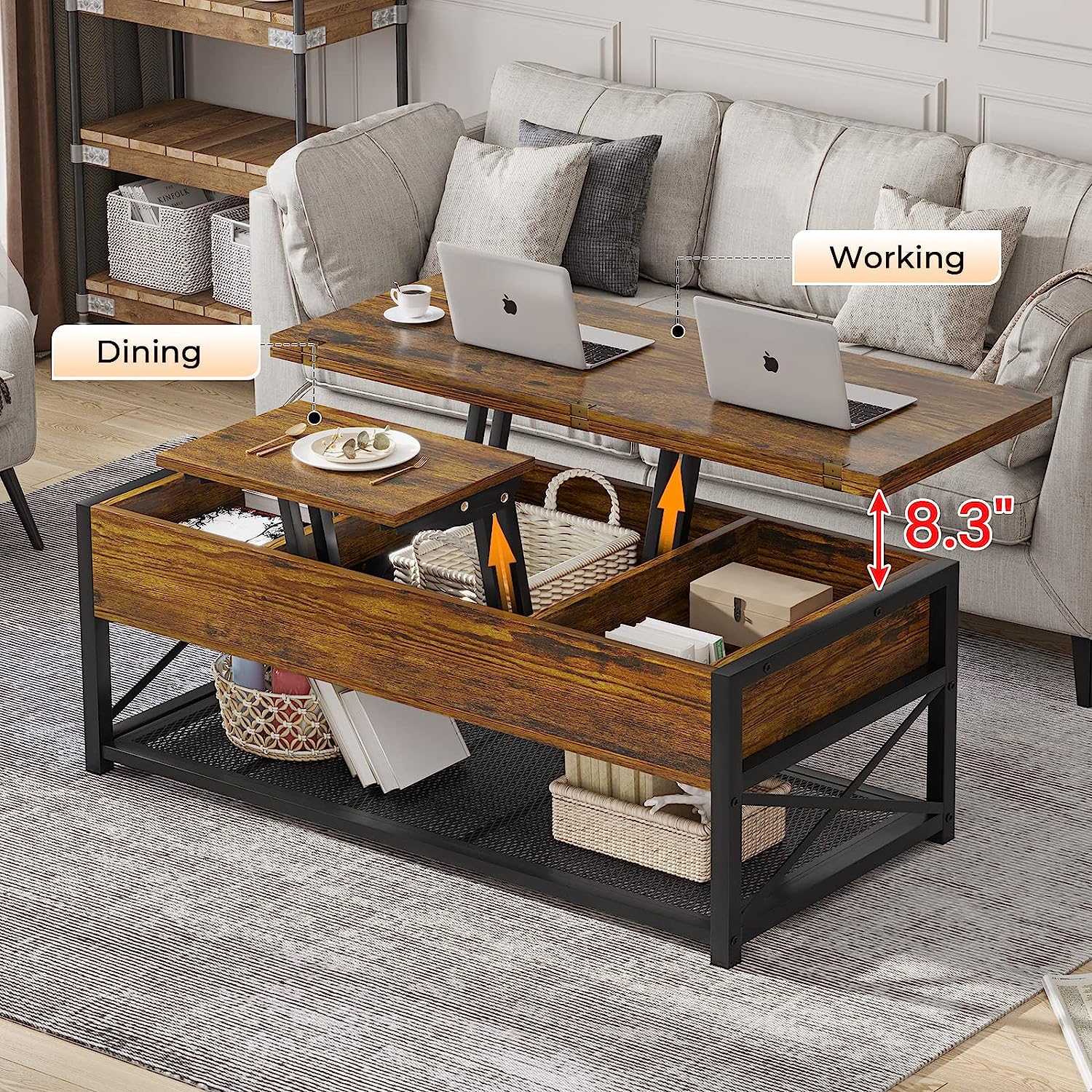 2 Way Lift Top Coffee Table with Hidden Compartment and Storage Shelves Retro Coffee Table with Metal Mesh for Living Room