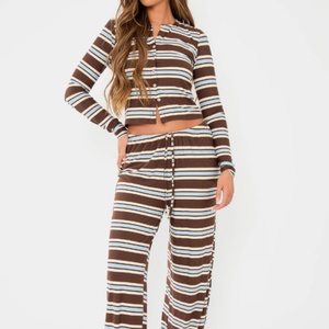 Novedades de Otoño, Ropa Casual para Mujer, Cárdigan a Rayas de Un Solo Pecho, Pantalones de Cintura Baja, Conjunto Deportivo de Dos Piezas para Mujer - Product Image 1