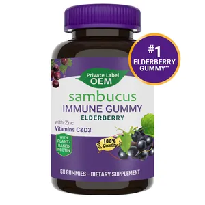 Gomas imunes Sambucus Elderberry Suporte imunológico diário para crianças e adultos com vitamina C vitamina D3 zinco Vegetarian 60 gomas
