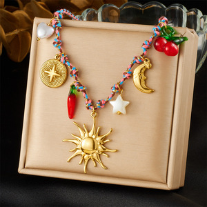 Fashion Beaded Necklace Gold Plated Sun Moon Star Chili Pepper Pendant Woven Cord Multi Element Design - Product Image 1