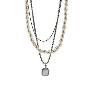 yunnique Faux Pearl Beaded Square Pendant Three Layer Necklace <b>Titanium</b> Steel Clavicle <b>Chain</b> For Men And Women Geometric Design - Product Image 5