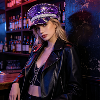 Bérets de fête Burnin' Man en gros, avec sequins et strass violets, chapeaux et casquettes personnalisables avec logo pour femmes, festivals