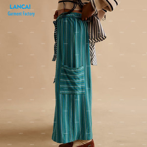 Pantalones rectos para mujer Tela de algodón a rayas Cintura con cordón Casual Suelto Vida diaria Ropa personalizada al por mayor - Product Image 5
