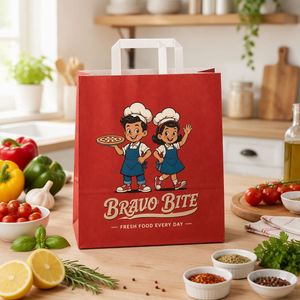 Custom Brand Red Paper Takeaway <b>Bags</b> Flat Handles Matching Food Box for <b>Pizza</b> Shop Fast Food Restaurant Bulk Supply - Product Image 5