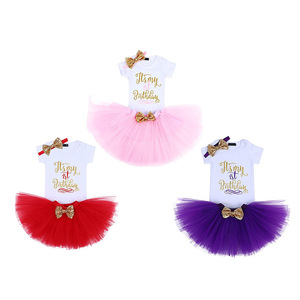 3 piezas de manga corta mameluco mullida falda tutú para 1St cumpleaños con diadema de lentejuelas arco - Product Image 1