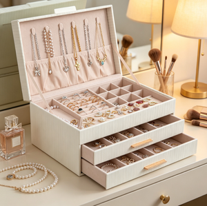 Élégante Boîte de Rangement Blanche pour Bijoux, Panneau Suspendu pour Colliers, Deux Tiroirs et Plateaux Divisés pour Collection de Bagues, Boucles d'Oreilles et Bracelets - Product Image 6