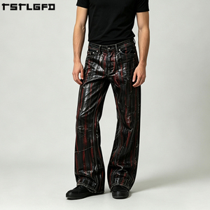 Jean baggy à coupe et couture, effet ciré, clouté, en denim épais, à rayures rouges, coupe large, style Darkwear, en gros - Product Image 3