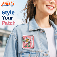 Écusson brodé personnalisé motif fleur souriante avec logo Bloom pour vestes, sacs, chapeaux et vêtements AWELLS