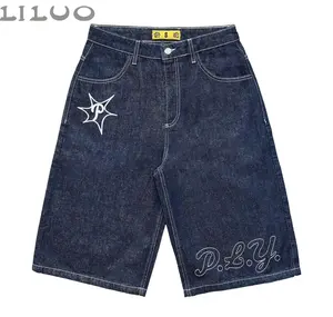 Custom Y2k Vintage longgar Jean Jorts Harajuku Streetwear musim panas Punk huruf bordir Jean celana Denim pria
