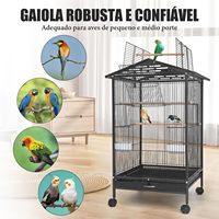 Volière noire ouverte pour oiseaux avec roulettes, plusieurs perchoirs en fer, mangeoires latérales, plateau extractible, utilisation intérieure, structure en acier inoxydable