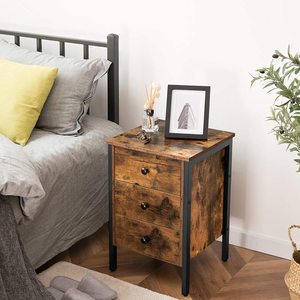 Modern Design Wooden Steel Nightstand <strong>End</strong> <strong>Table</strong> with 3 <strong>Drawers</strong> and Storage Shelf Retro Industrial Style - Product Image 4