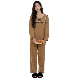 Pijamas de Algodón Modal Spandex Hechos a Medida para Mujer, Camisón Dulce y Bonito de Manga Larga con Lazo y Encaje, Ropa de Dormir Otoñal, ODM - Product Image 4